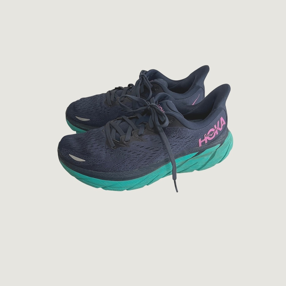 Hoka One One Clifton 8 Navy Teal Pink Running Shoes 1119394 OSAT Womens Size 7